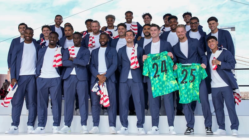 United States men's national soccer team pose after announcement of the team's roster,...