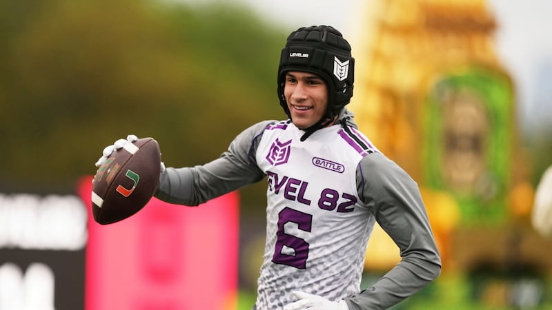 Joey O'Brien intercepts a pass during 7 on 7 football game for elite high school recruits on...