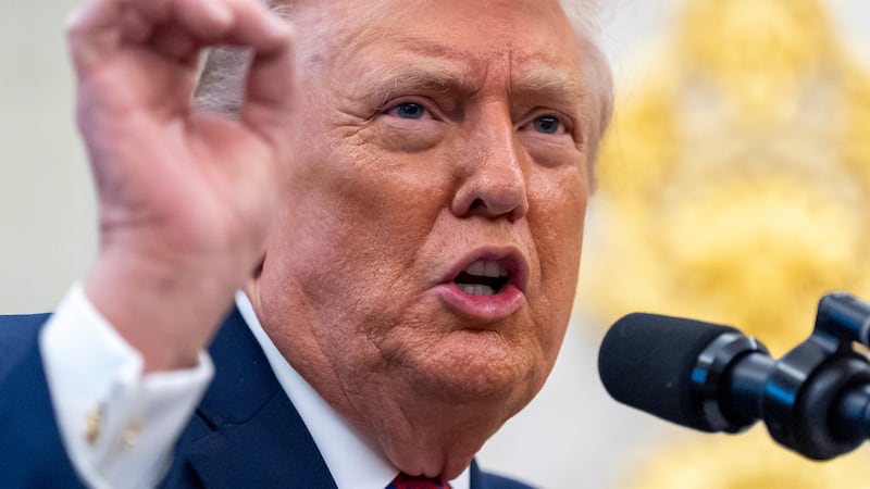 President Donald Trump speaks during a Mexican Border Defense Medal presentation in the Oval...