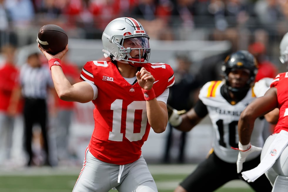 Ohio State quarterback Julian Sayin looks to throw a pass against Grambling State during the...