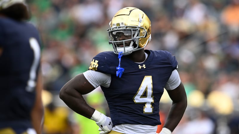 Notre Dame running back Jeremiyah Love looks on during the first quarter of an NCAA football...
