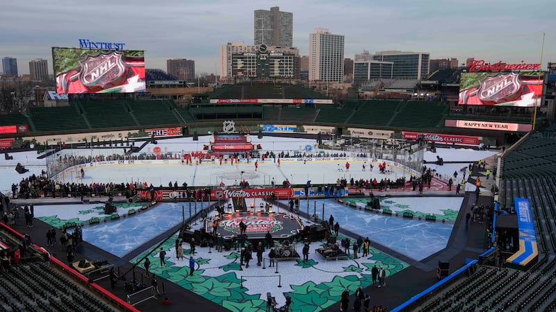 The Chicago Blackhawks practice on the day before the NHL Winter Classic outdoor hockey game...