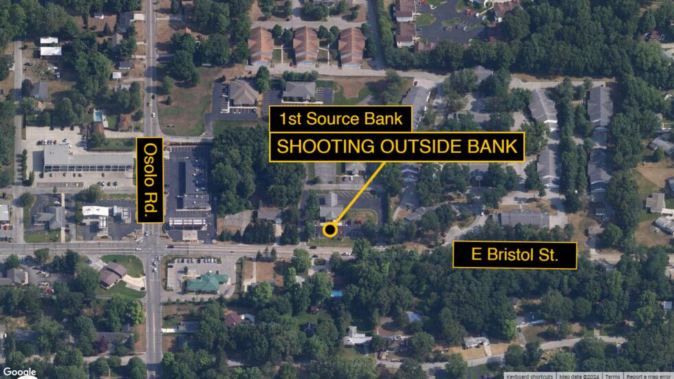 Police say the shooting happened in front of the 1st Source Bank on E. Bristol Street.