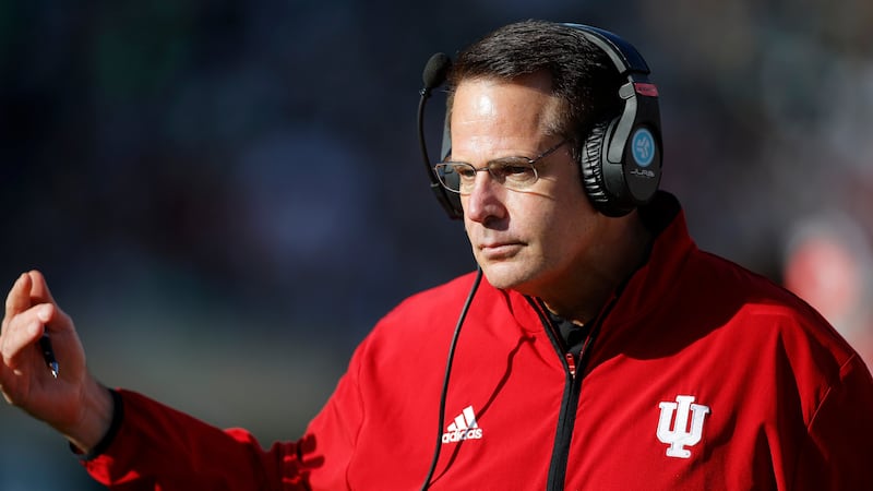 Indiana coach Curt Cignetti gestures during the first half of an NCAA college football game...