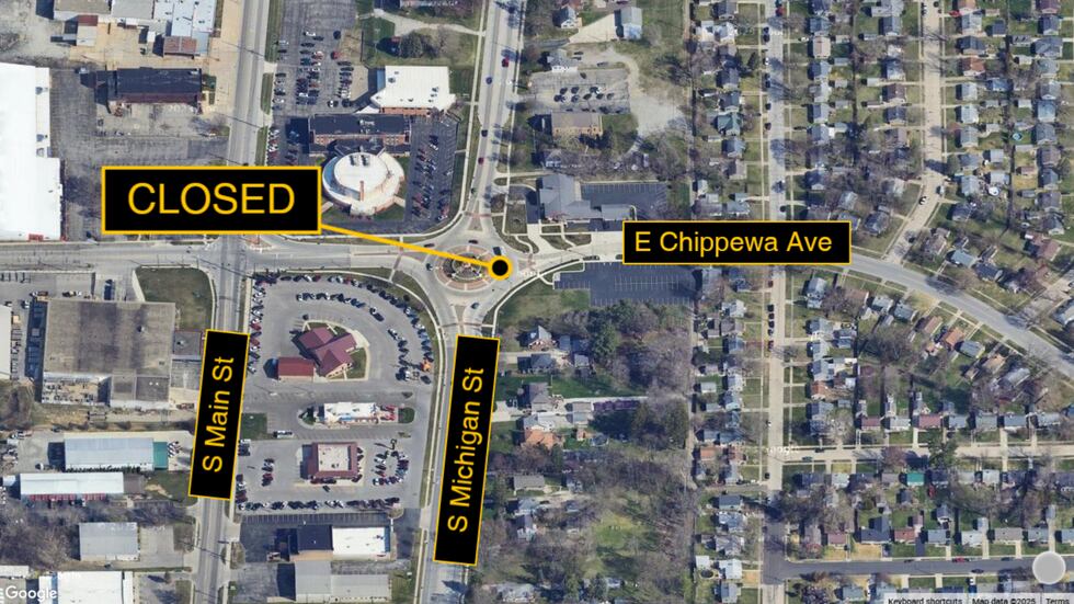 The northbound lanes of Michigan Street at the Chippewa Avenue roundabout are closed so crews...