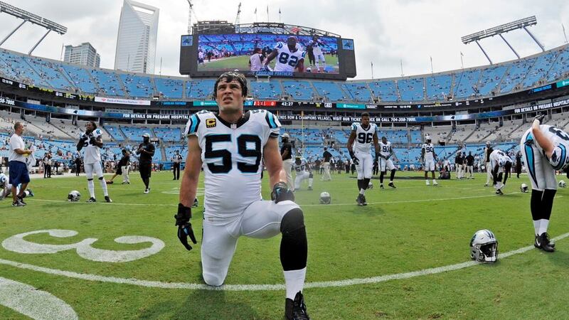 FILE - In this Sept. 23, 2018, file photo, Carolina Panthers linebacker Luke Kuechly (59)...