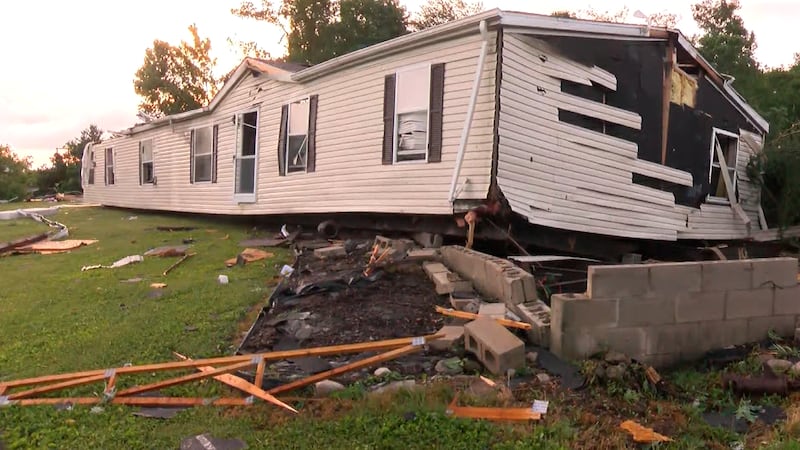 On West Water Works Road in Wabash, strong winds knocked one home off its foundation, injuring...
