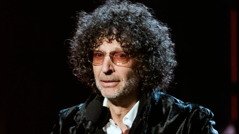 FILE - Howard Stern speaks at the 2018 Rock and Roll Hall of Fame Induction Ceremonies in...