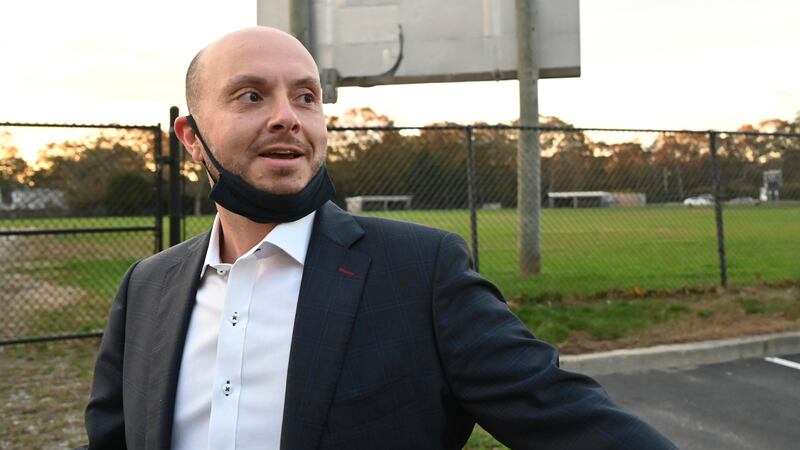 FILE — Assemblyman Andrew Garbarino arrives at Bayport-Blue Point High School to vote, in...