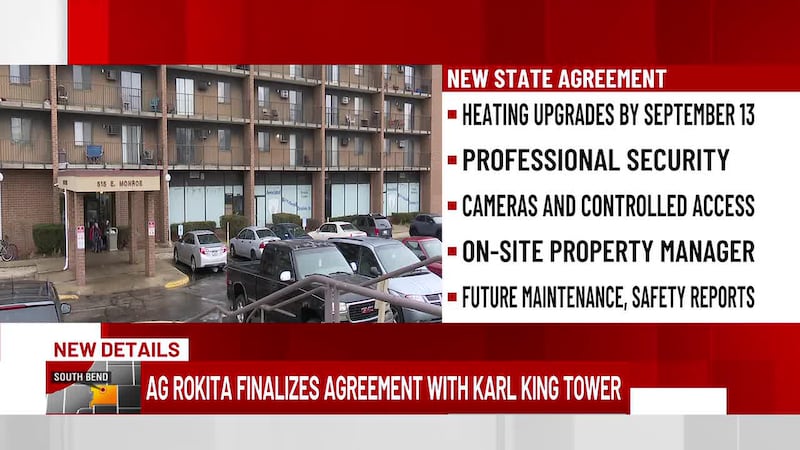 Indiana's attorney general is cracking down on Karl King Tower in South Bend after a...