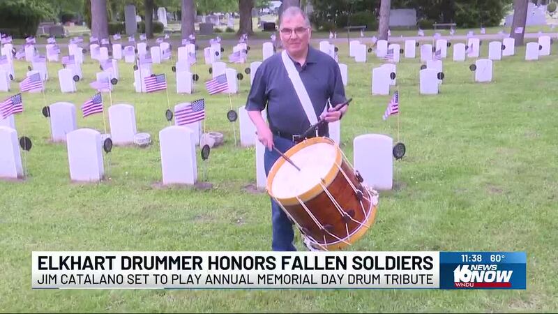 Jim Catalano was at Rice Cemetery in Elkhart, playing wartime drumbeats beside tombstones of...