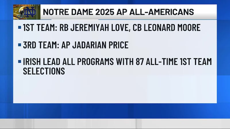 Several Notre Dame and IU football players were named to AP All-America teams on Monday.